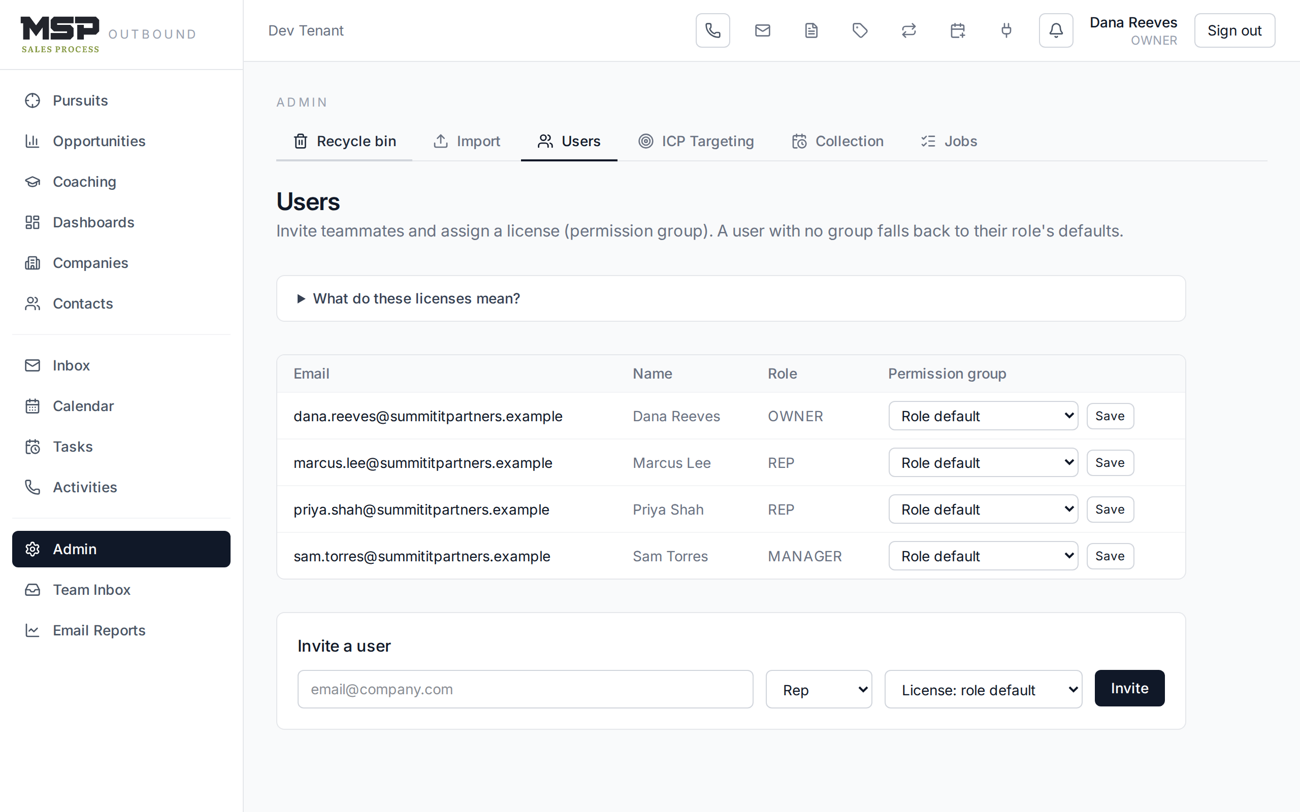 The Users admin page with the user table and the Invite a user panel.