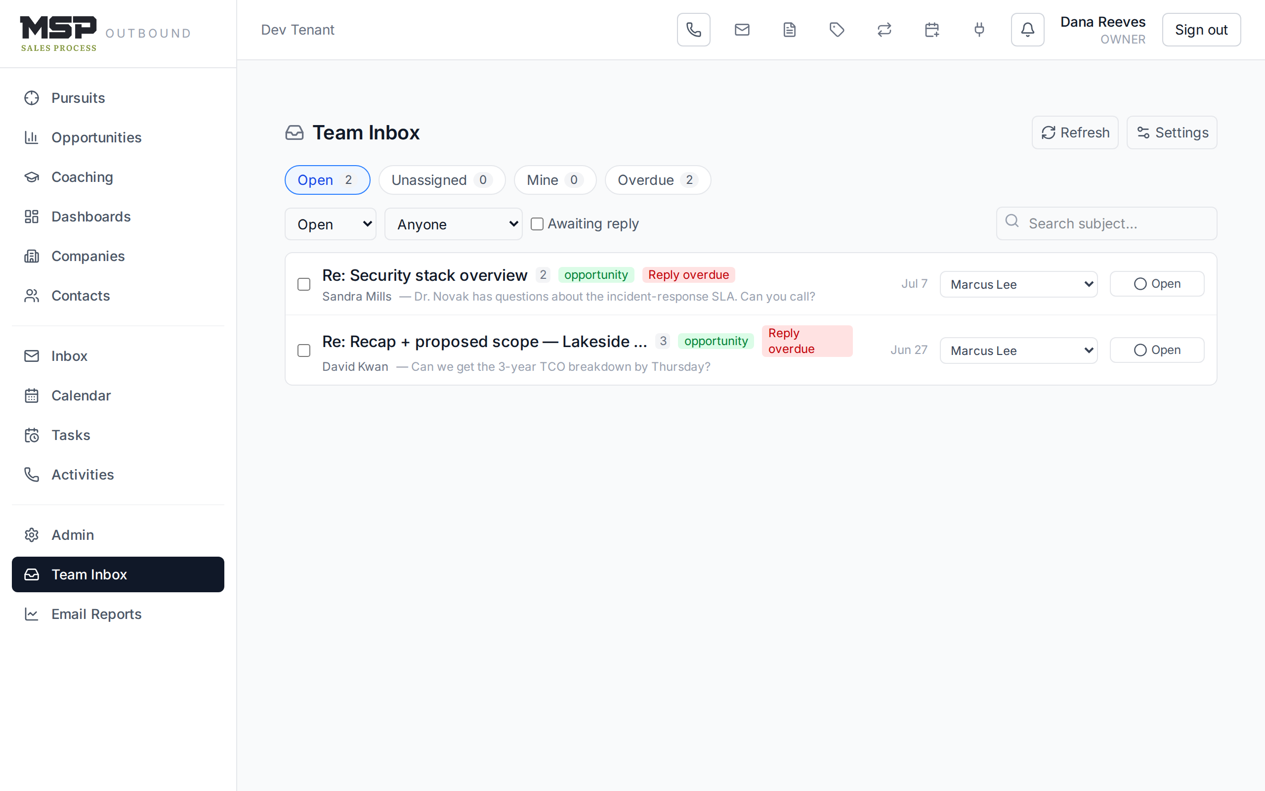 The Team Inbox with assignment, status, and SLA chips on each conversation.