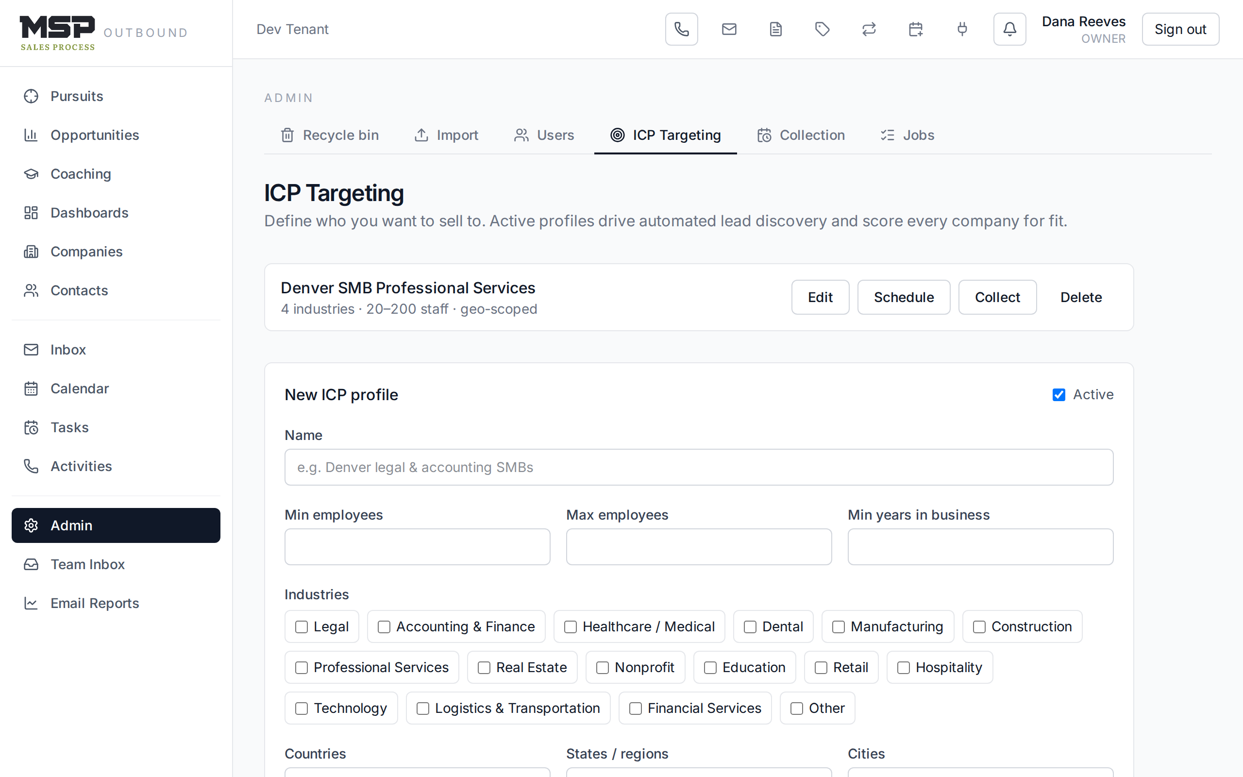 The ICP Targeting page with a profile and its criteria.