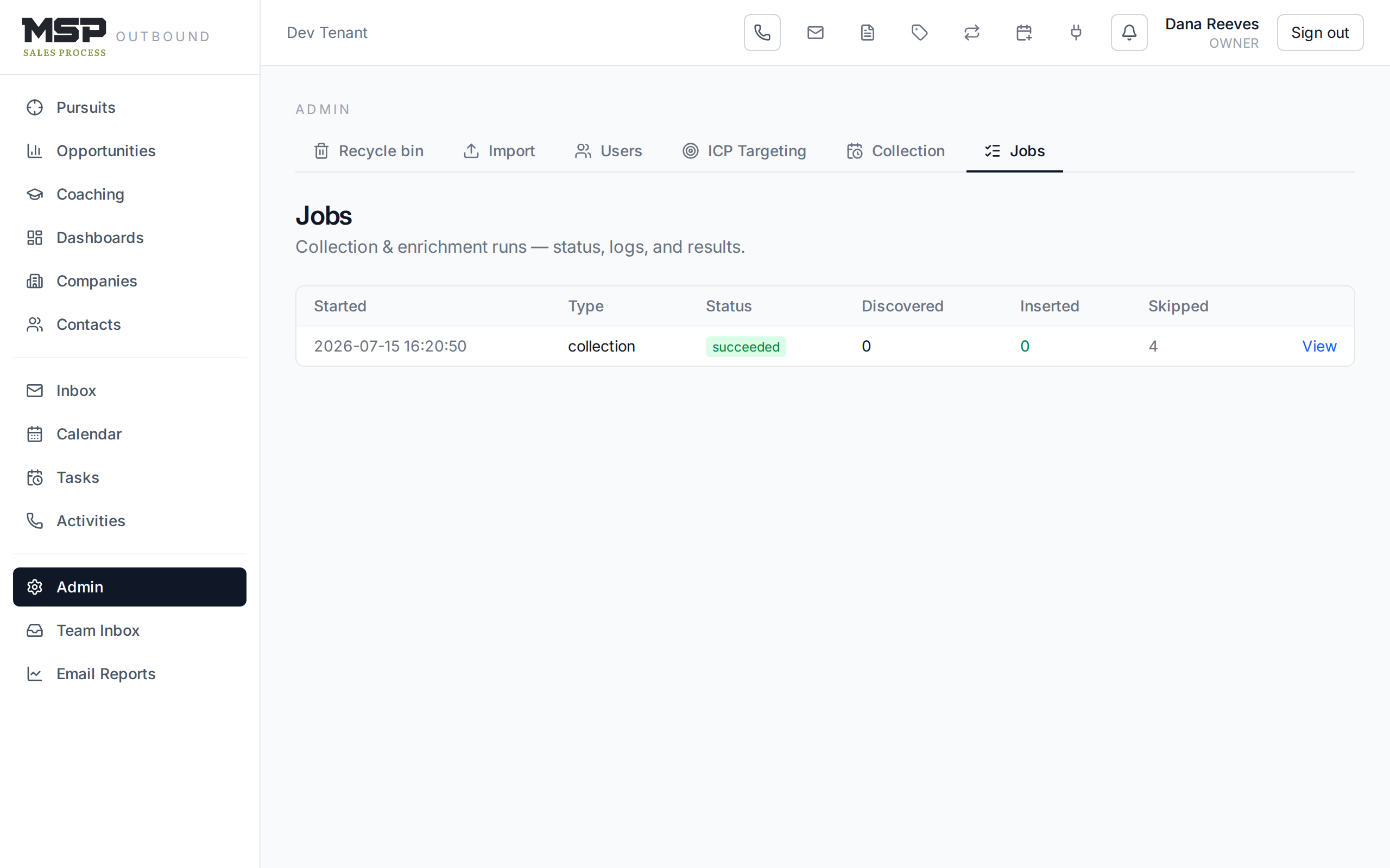 The Jobs list showing collection runs with statuses and counts.