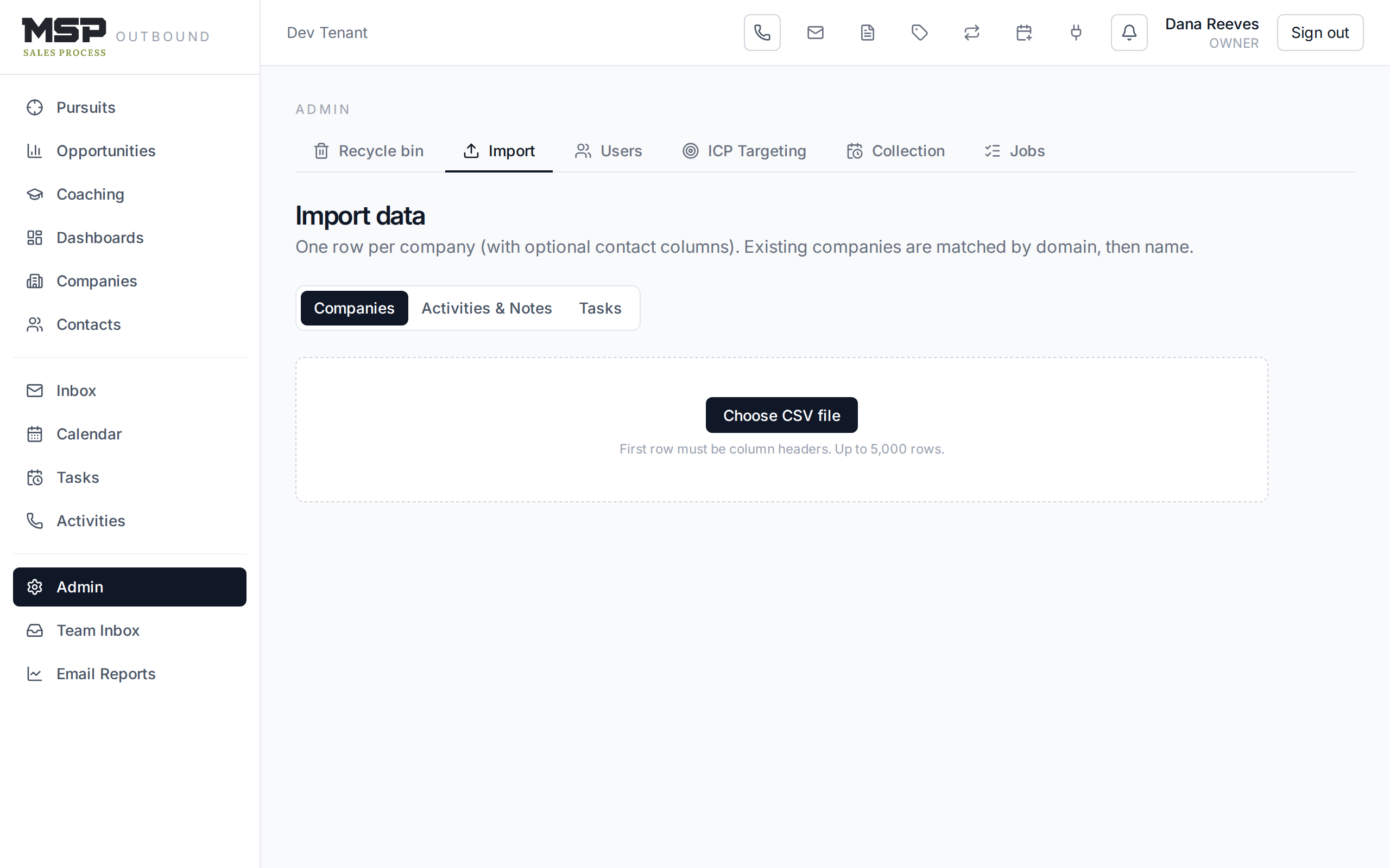 The import page with the column-mapping step and dedup options.