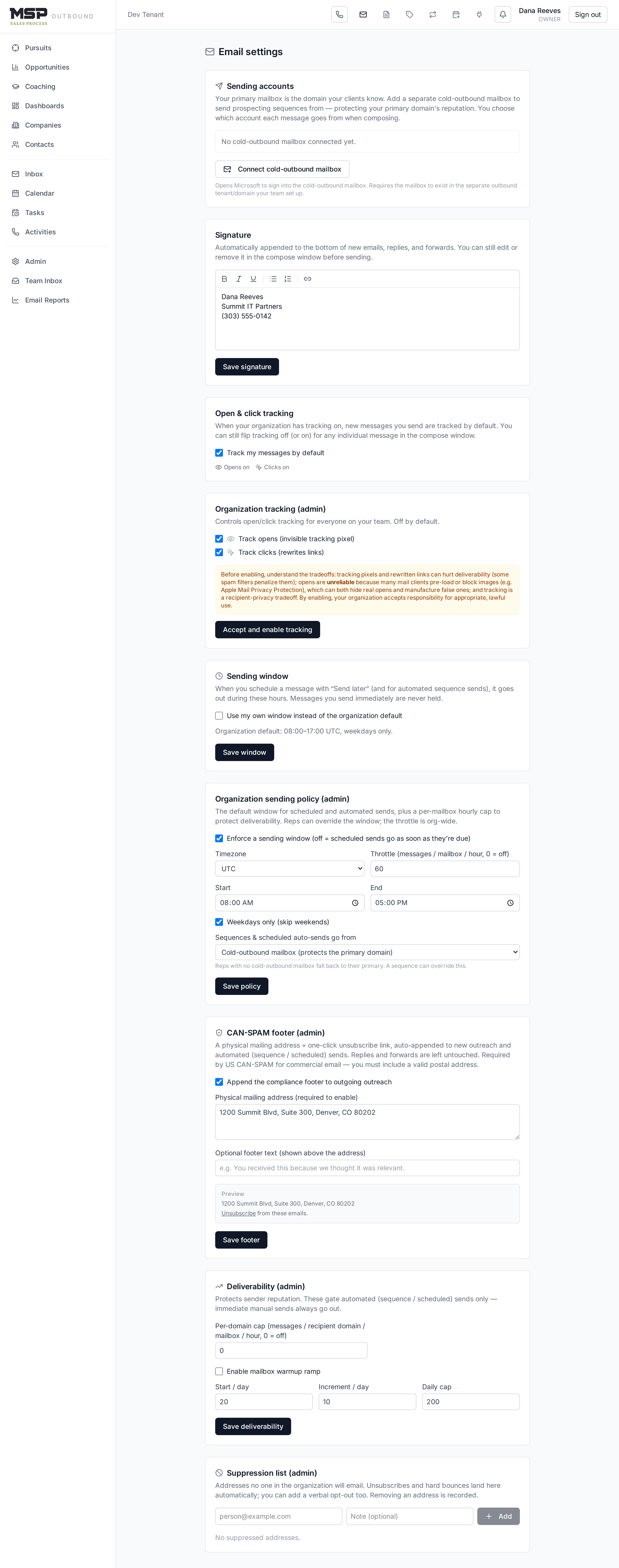 The organization email admin panels: tracking, sending policy, compliance footer, deliverability, and suppression.