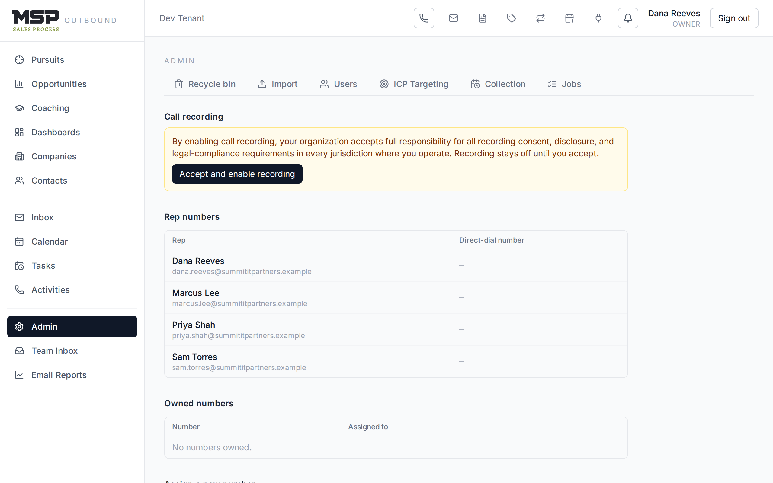 The Telephony admin page with call recording, rep numbers, and owned numbers.