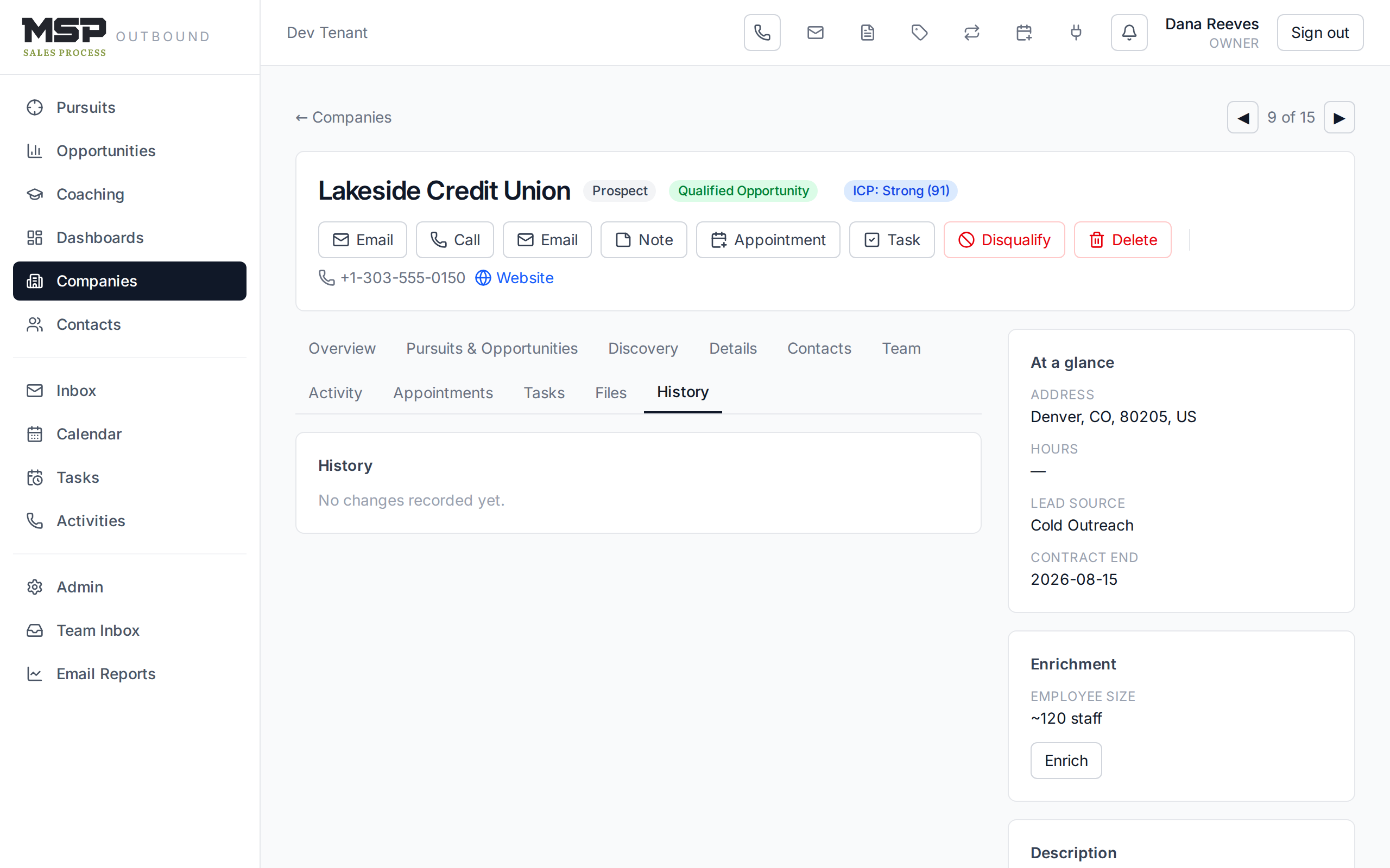 A company History tab showing an audit trail of changes with actor and timestamp.
