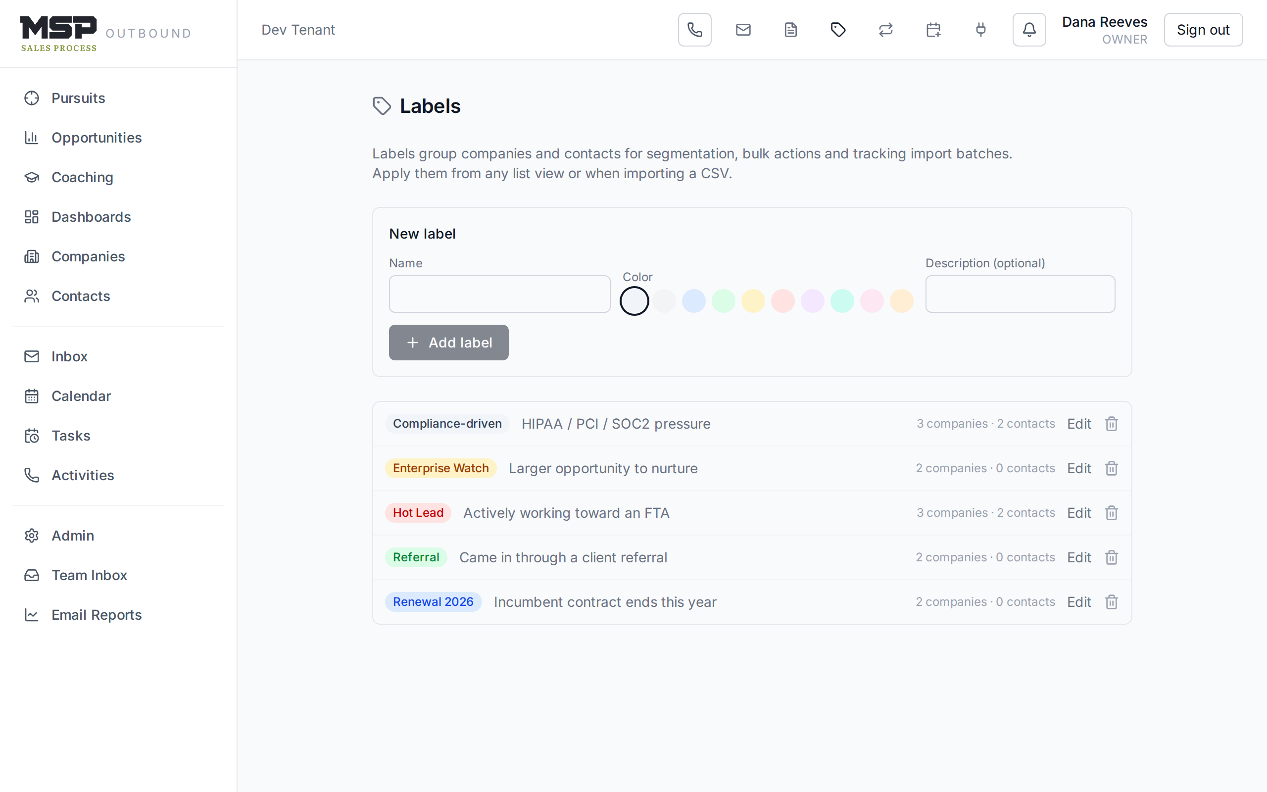 The Labels settings page with the label catalog and a create form.