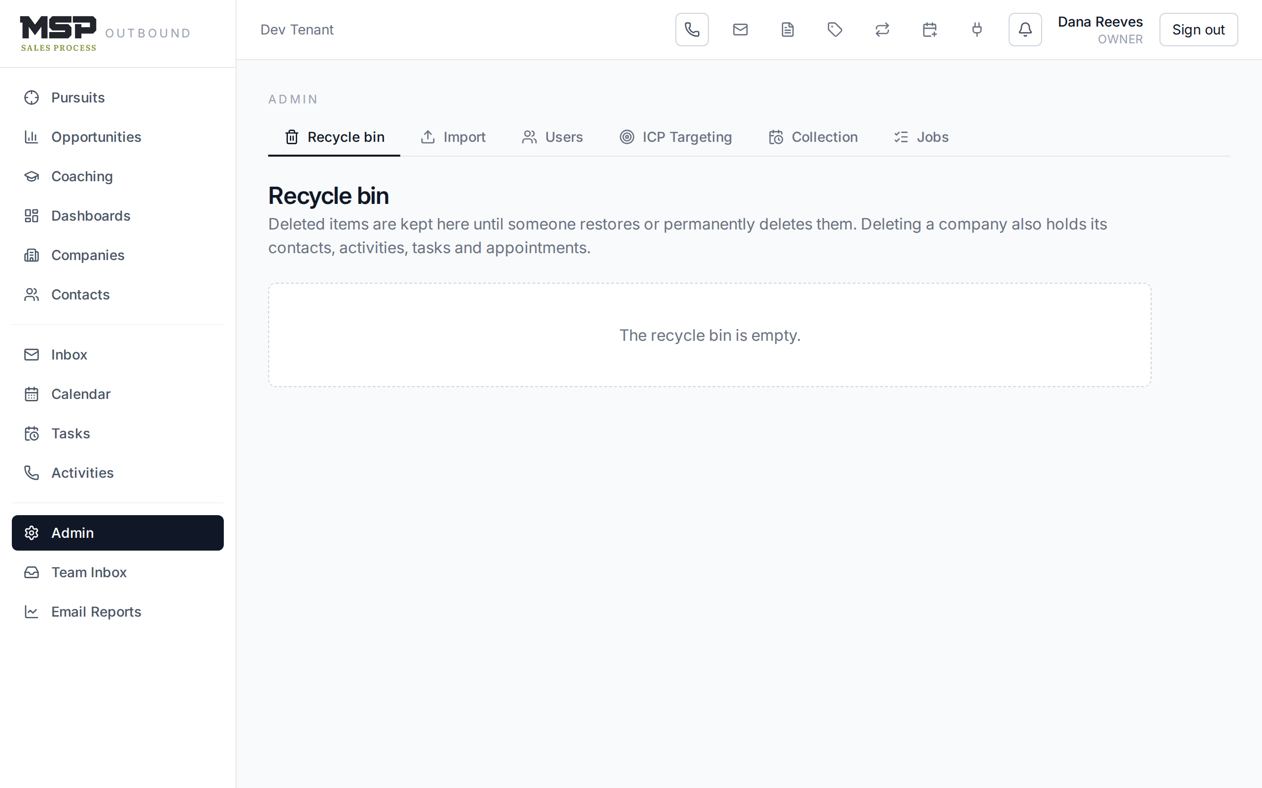 The recycle bin listing deleted items with restore and delete-forever actions.