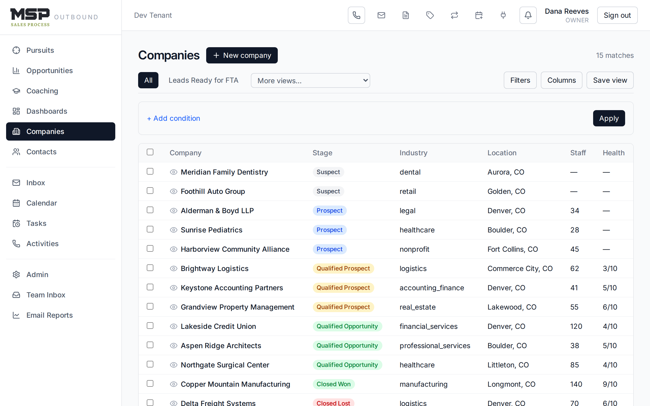 The filter builder open on the Companies list with a condition row.