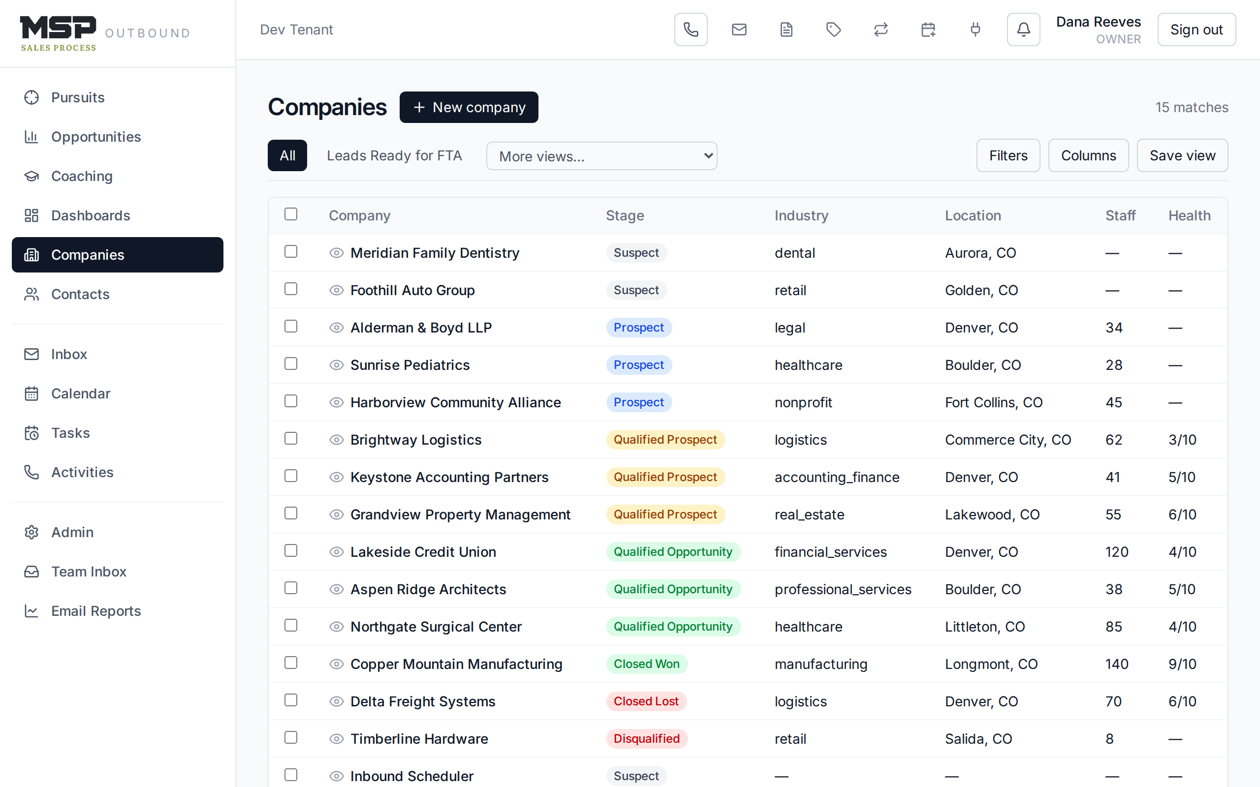 The CRM with the left navigation rail and top toolbar labeled.