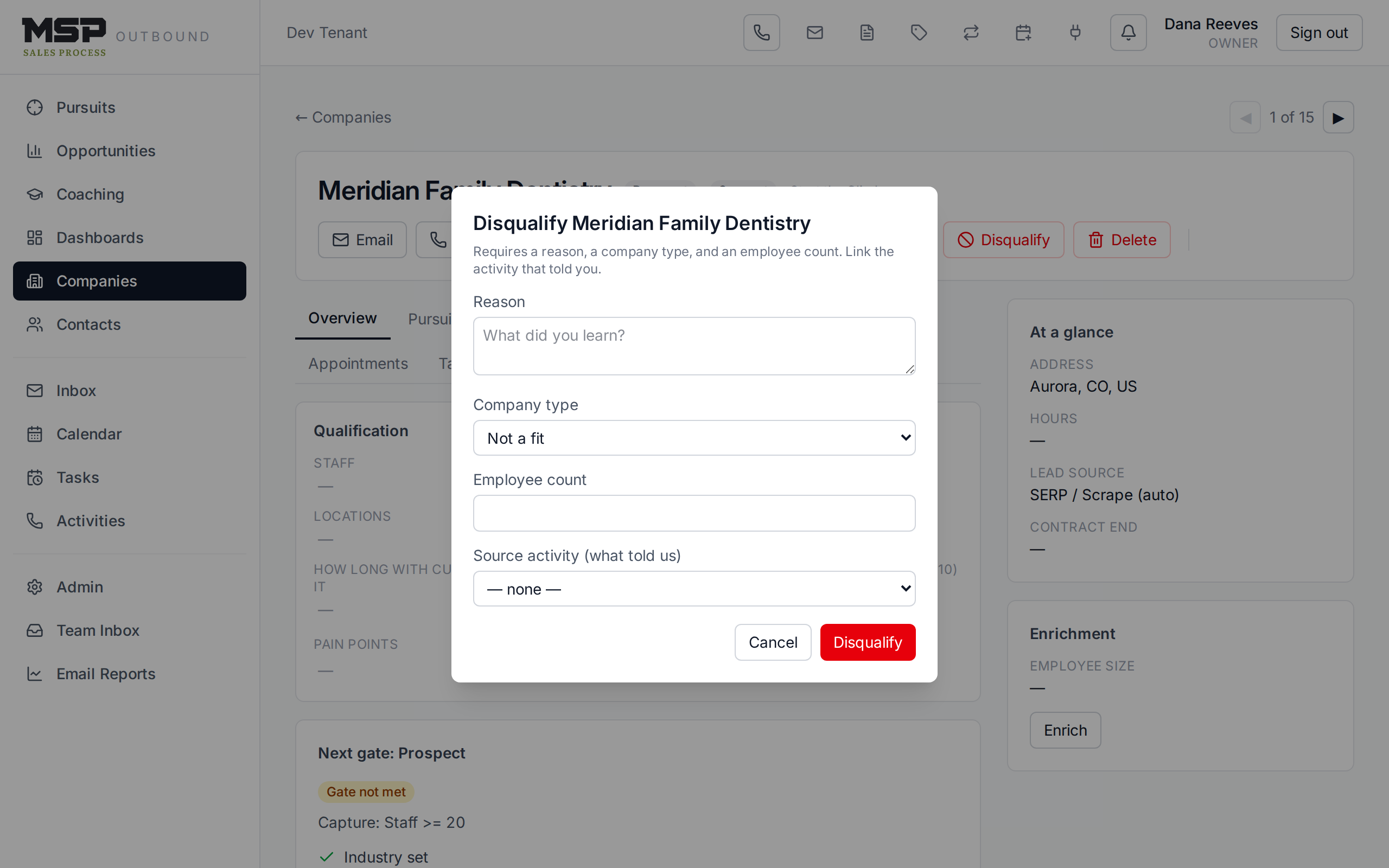 The Disqualify dialog with reason, company type, and employee count fields.