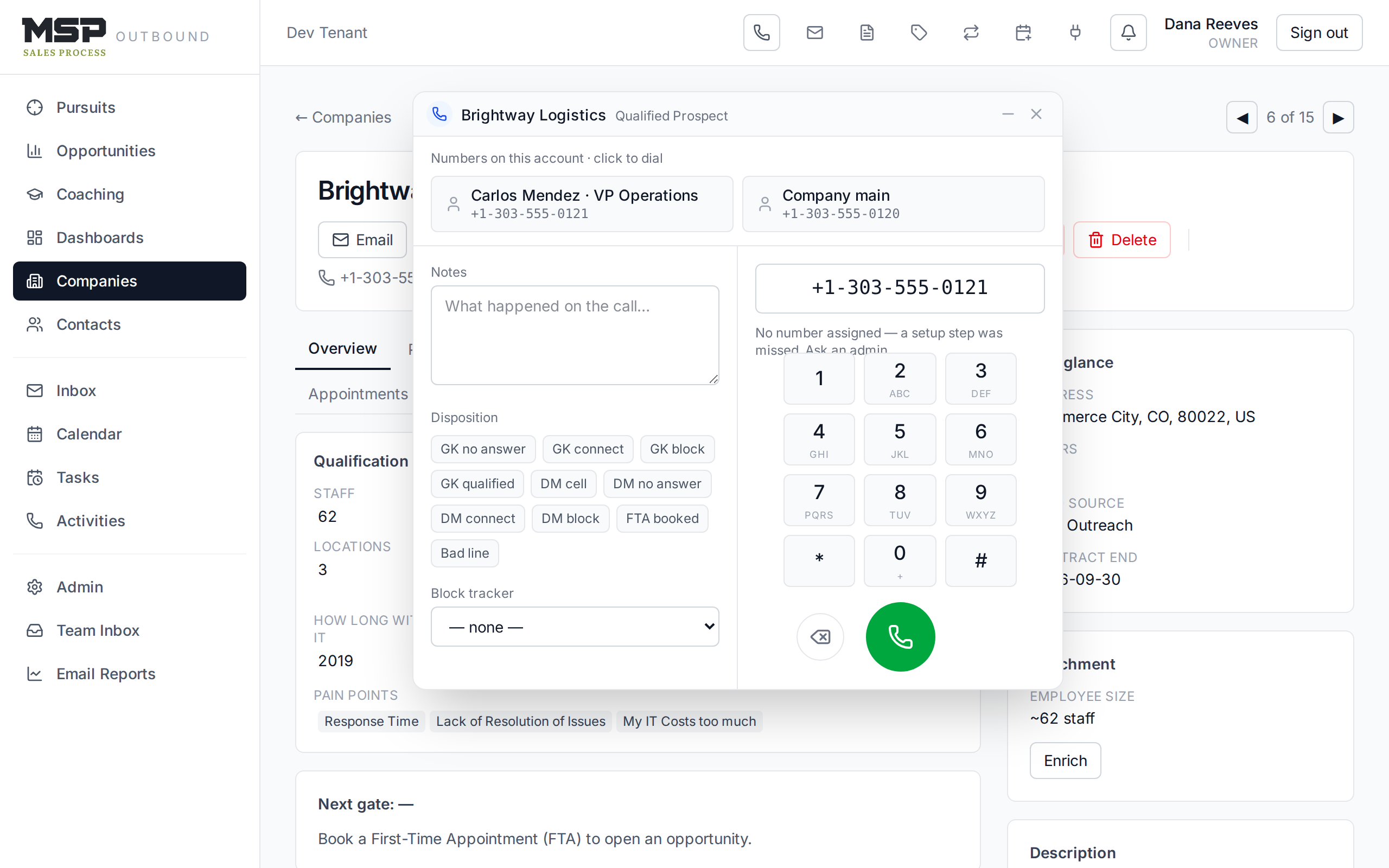 The dialer window opened from a company, showing the keypad, the account's click-to-dial numbers, and the disposition panel.