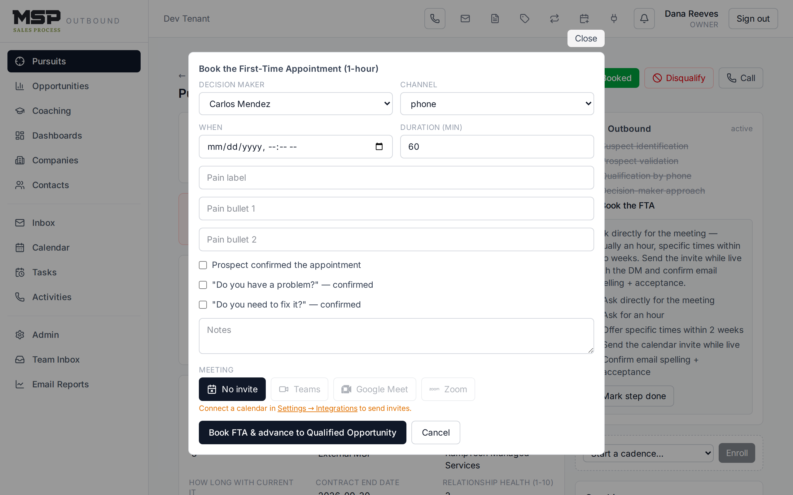 The FTA booking form showing decision maker, channel, time, pain bullets, label, and the three confirmation checkboxes.