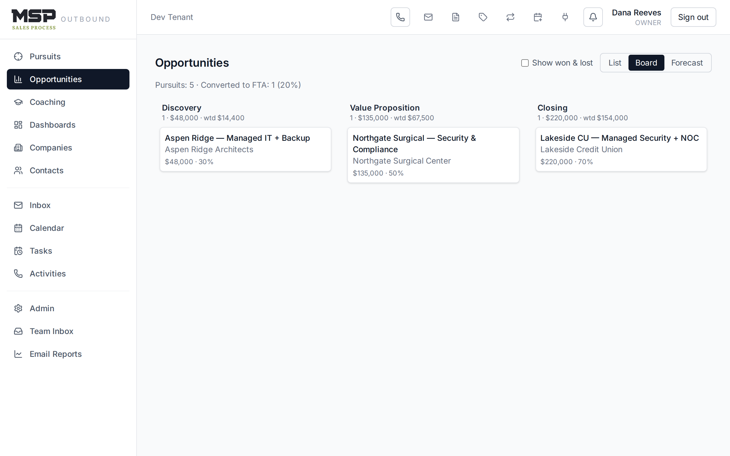The opportunities board view with columns for Discovery, Value Proposition, and Closing.
