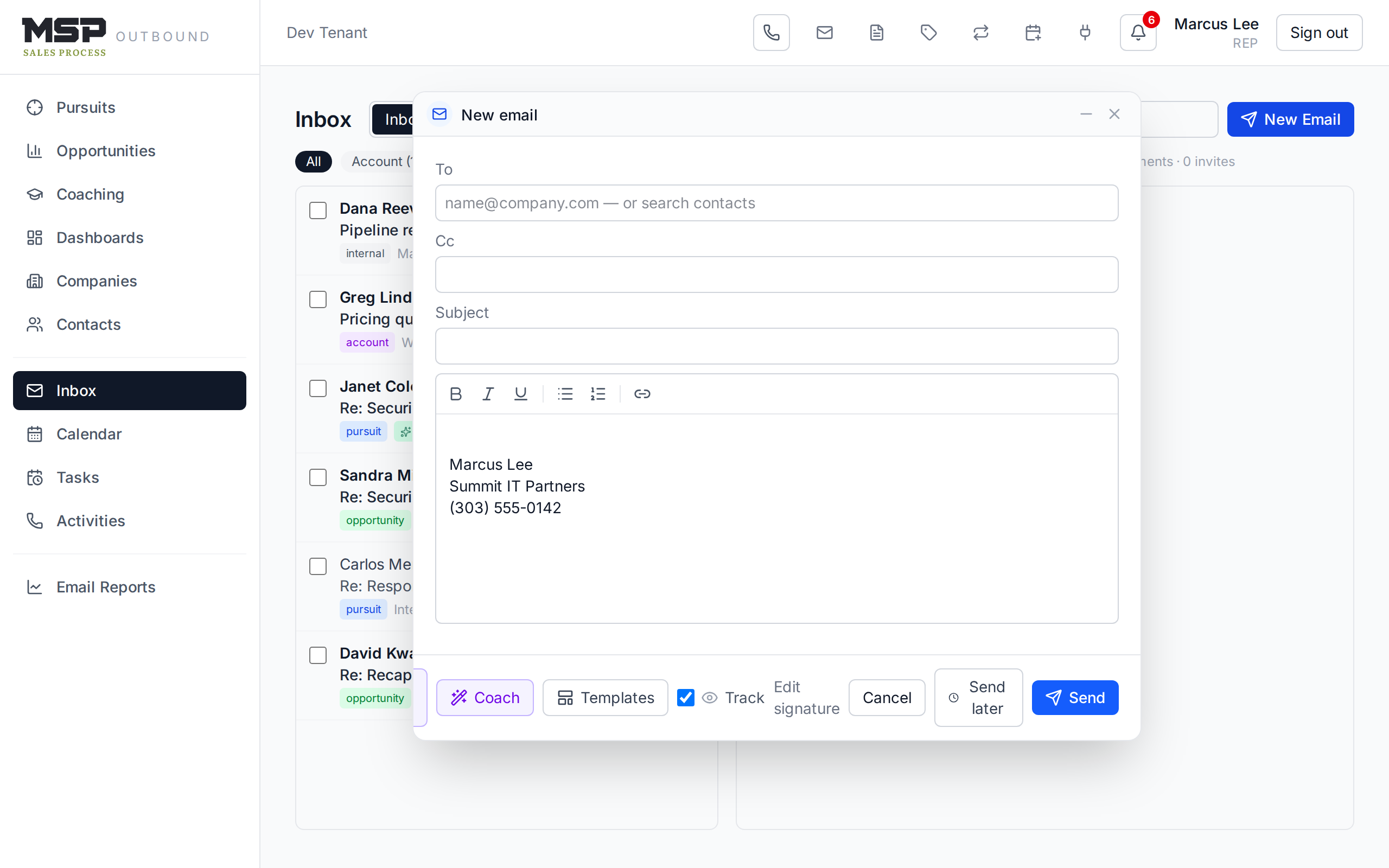 The email composer with To, Subject, body, and the footer toolbar of Attach, AI draft, Coach, Templates, Track, Send later, and Send.