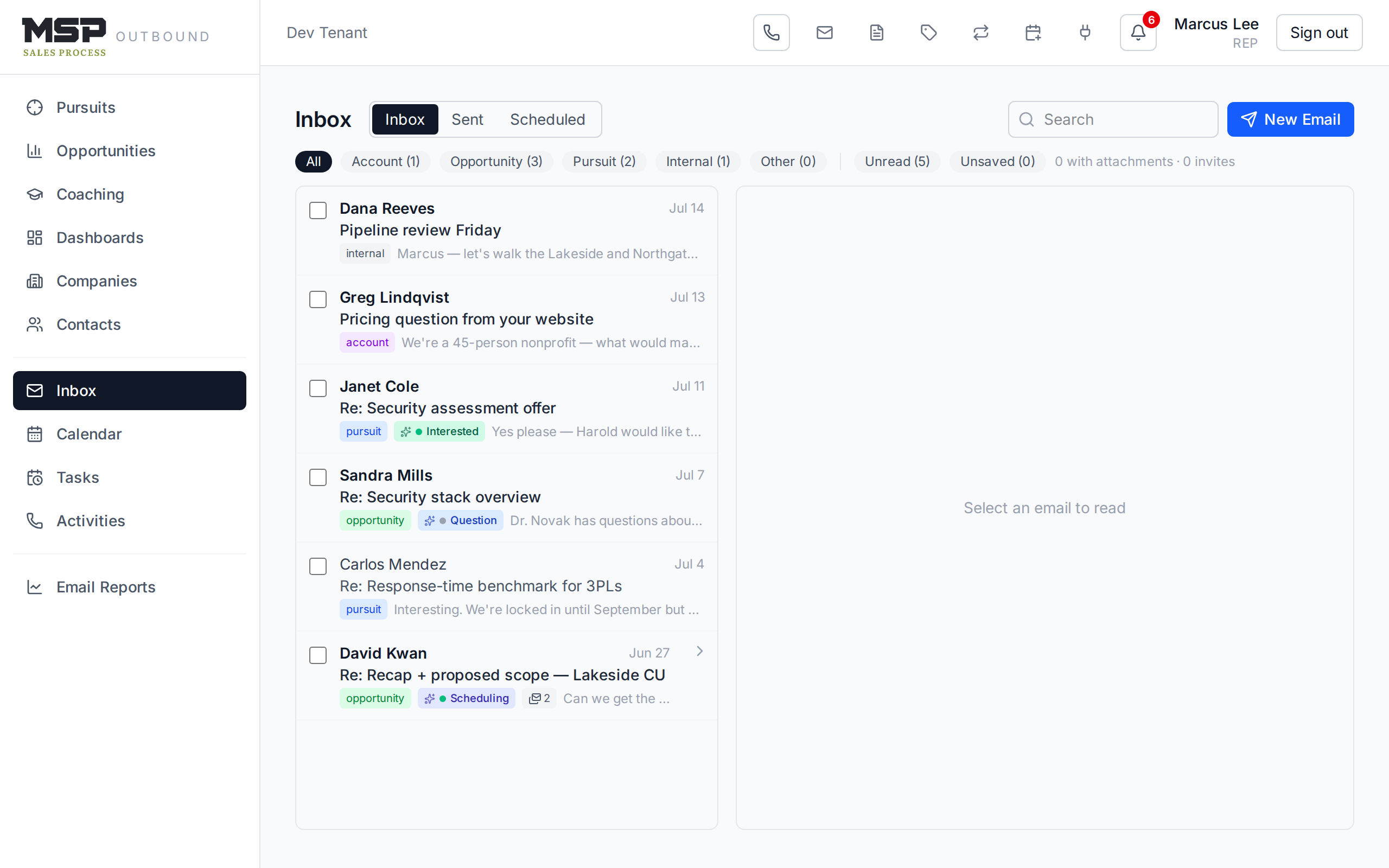 The inbox with the message list, filter pills, and the reading pane open on a thread.