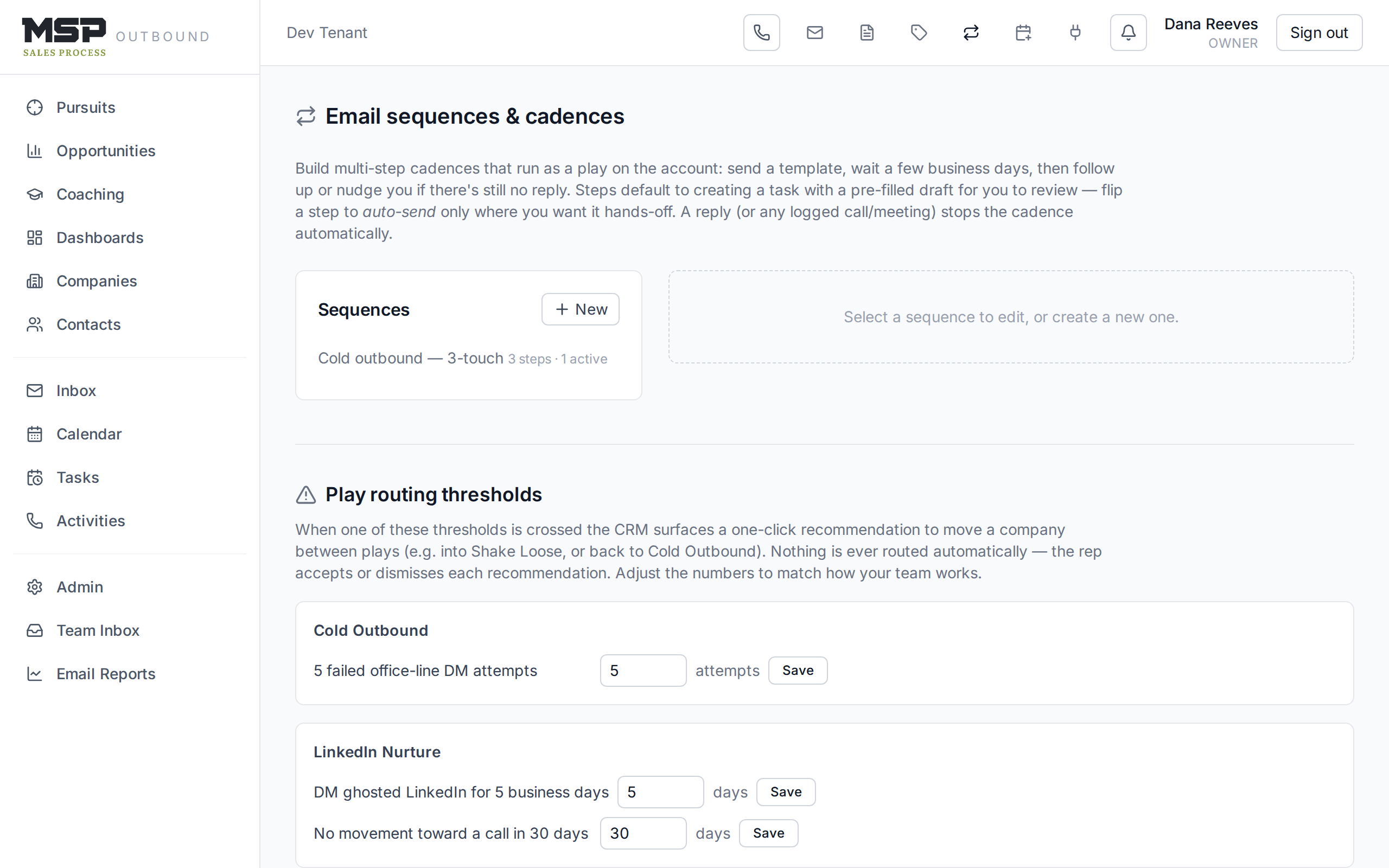 The sequence editor showing steps with wait days, template selection, and auto-send toggles.