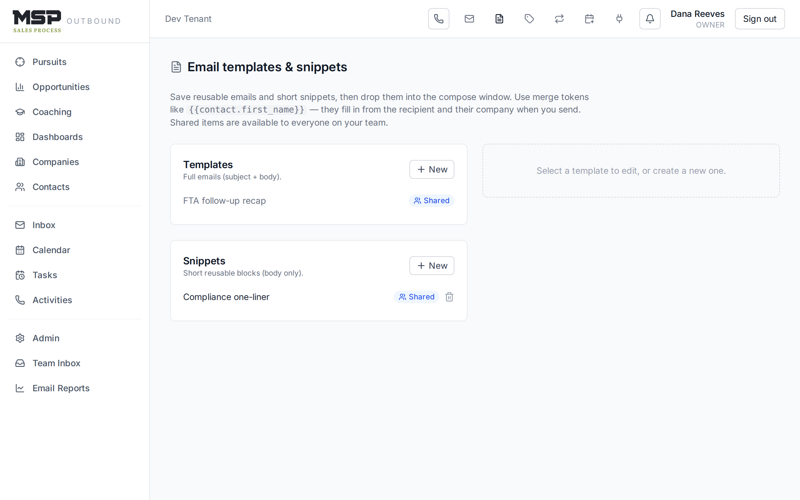 The templates editor with a name, subject, body, and merge-field chips.
