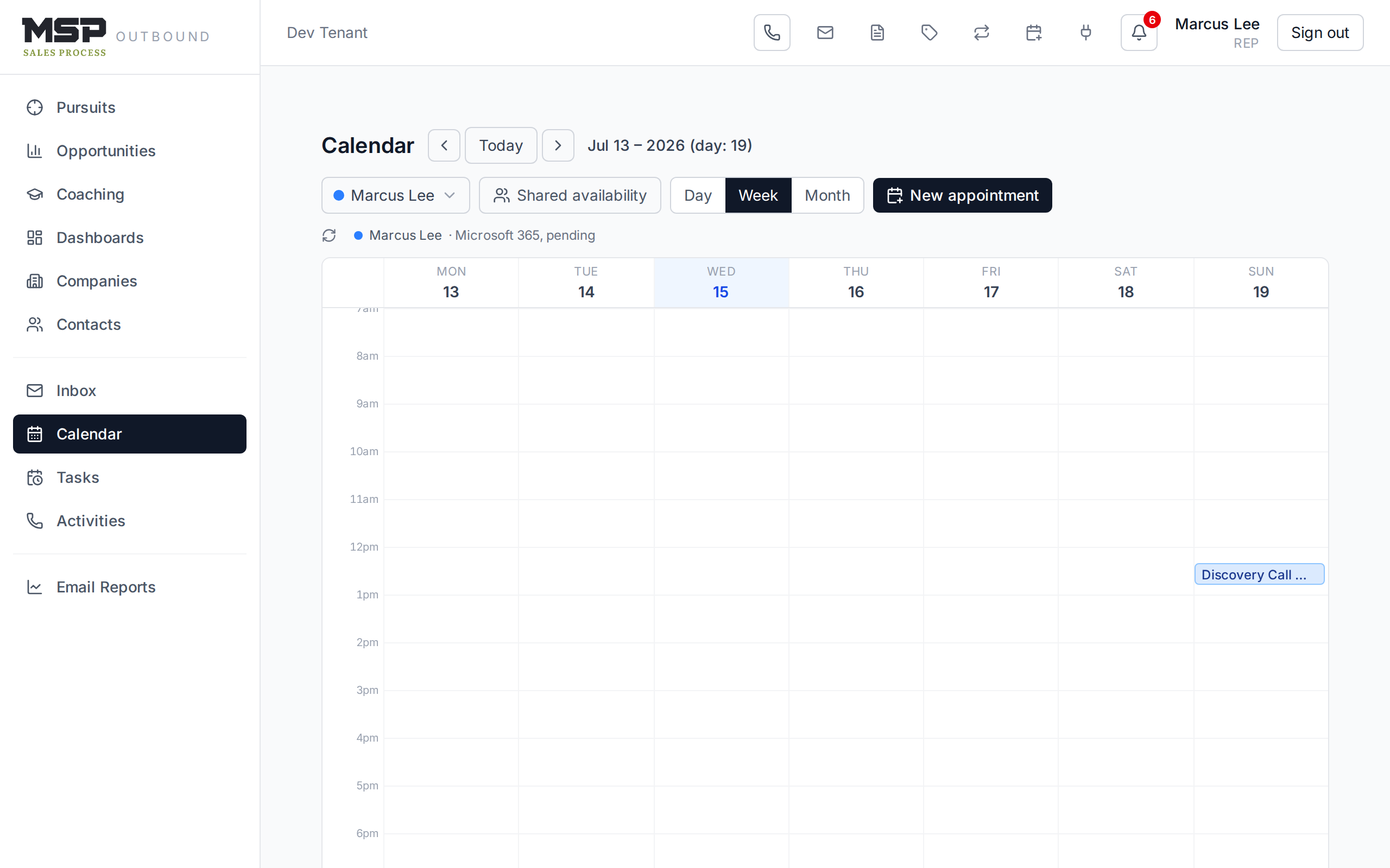 The calendar in week view with appointments and the New appointment button.
