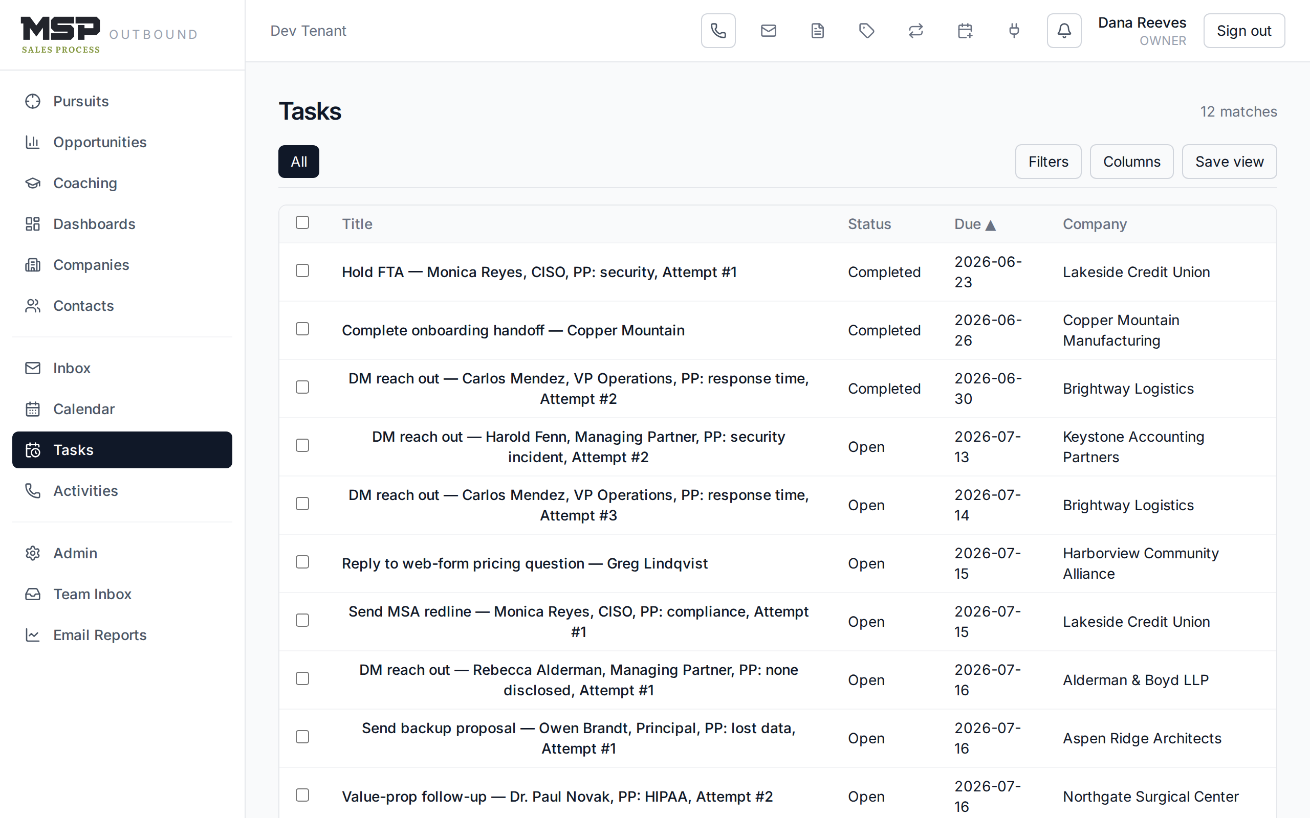 The Tasks list showing open tasks with due dates, overdue highlighting, and completed tasks.