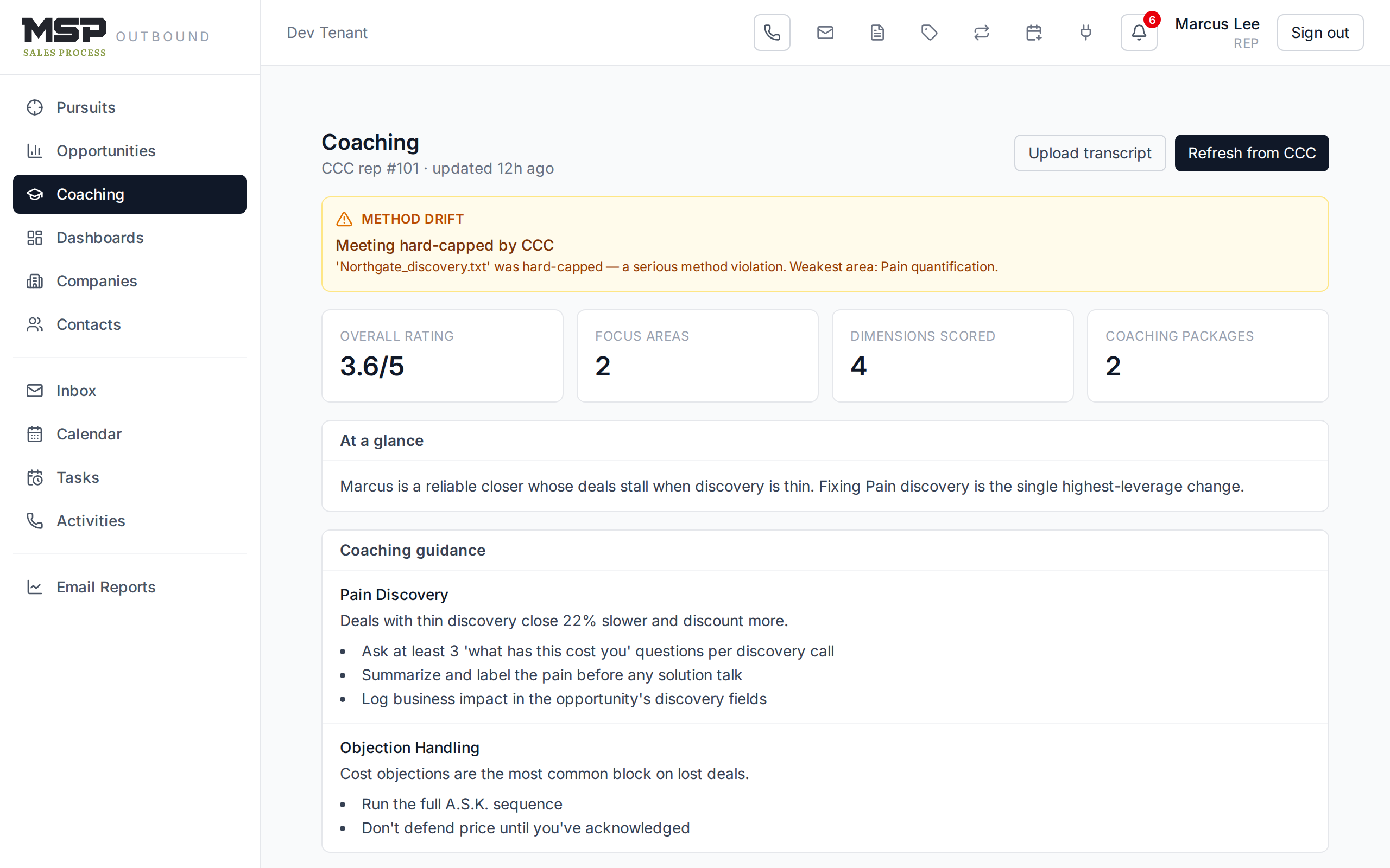 The coaching page showing overall rating, focus areas, category ratings, and skill dimensions.