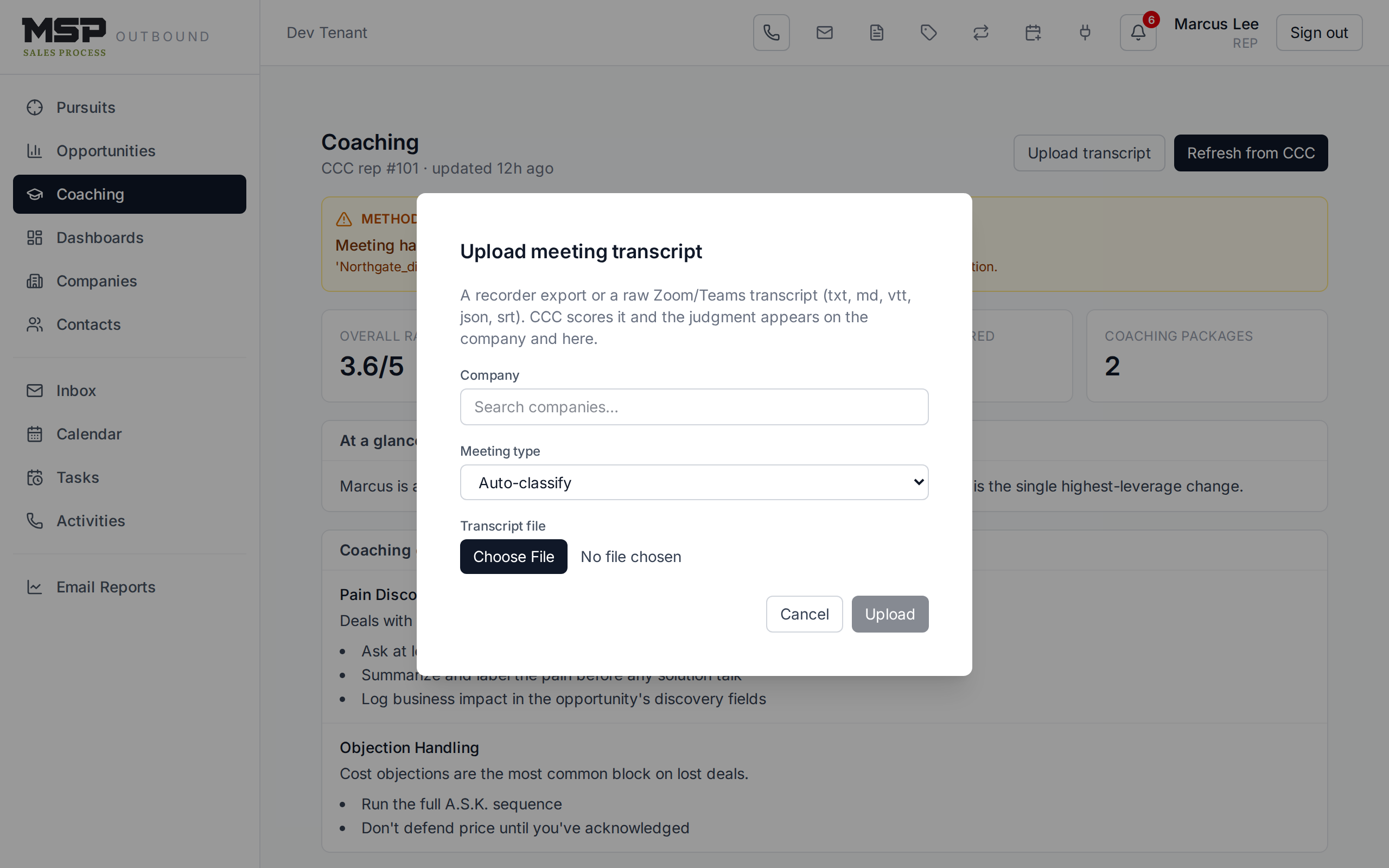 The upload meeting transcript dialog with company, meeting type, and file fields.