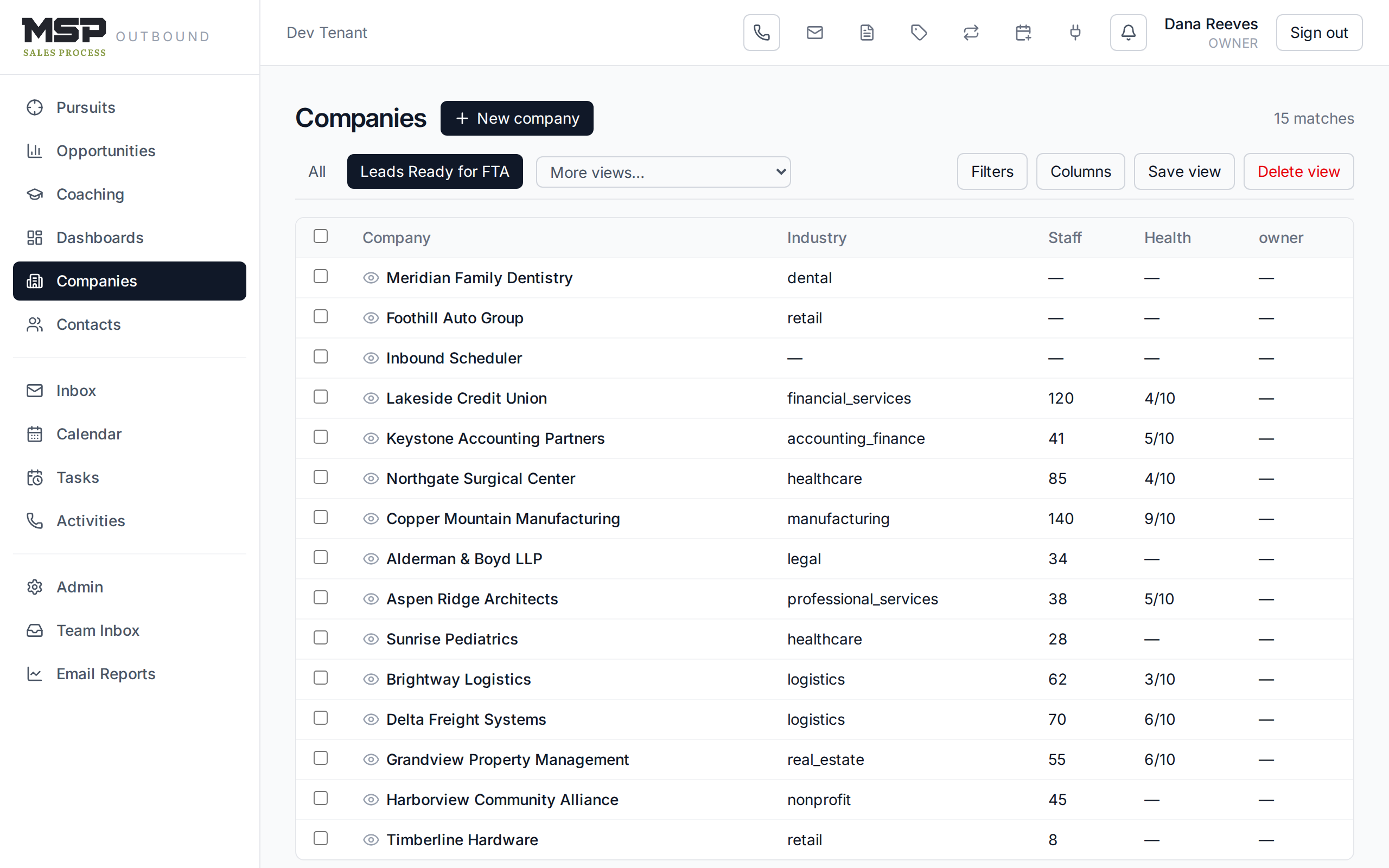 A saved view named Leads Ready for FTA filtering the Companies list.